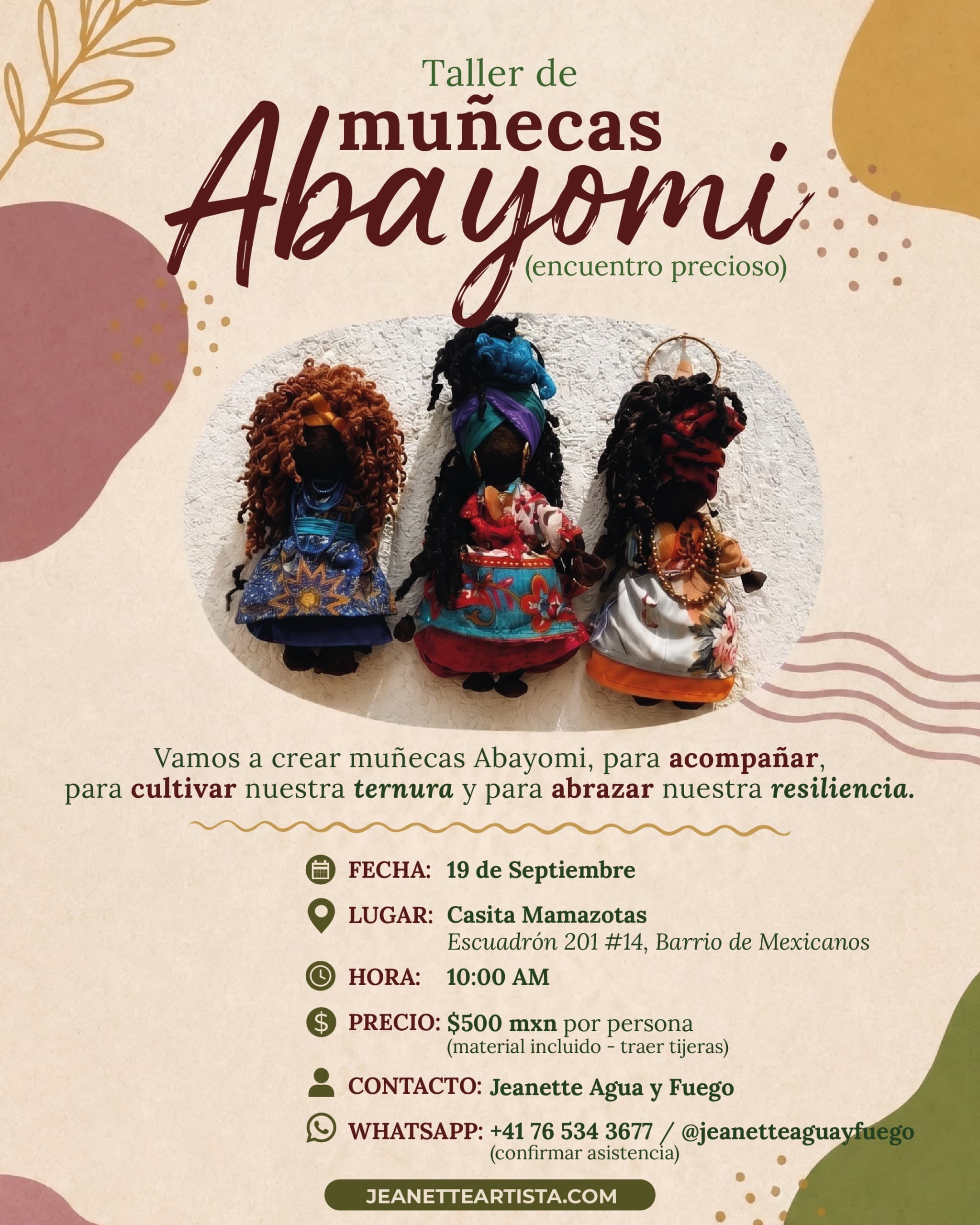Poster showing three Abayomi dolls with colorful fabrics, against a beige decorative flyer. Text in green and burgundy announces a workshop titled Taller de Abayomi: muñecas Abayomi (encuentro precioso).