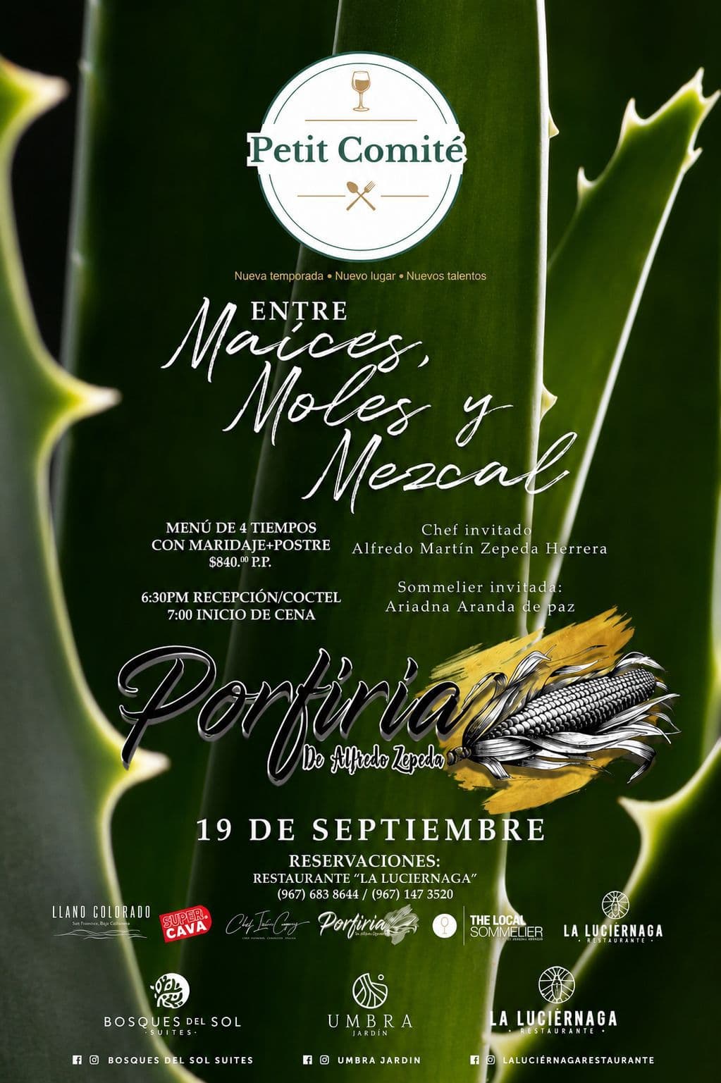 Poster for Petit Comité: Deliciosa cocina Oaxaqueña con Alfredo Zepeda featuring a green plant background and white circular logo reading Petit Comité, with handwritten script text and event details in Spanish.