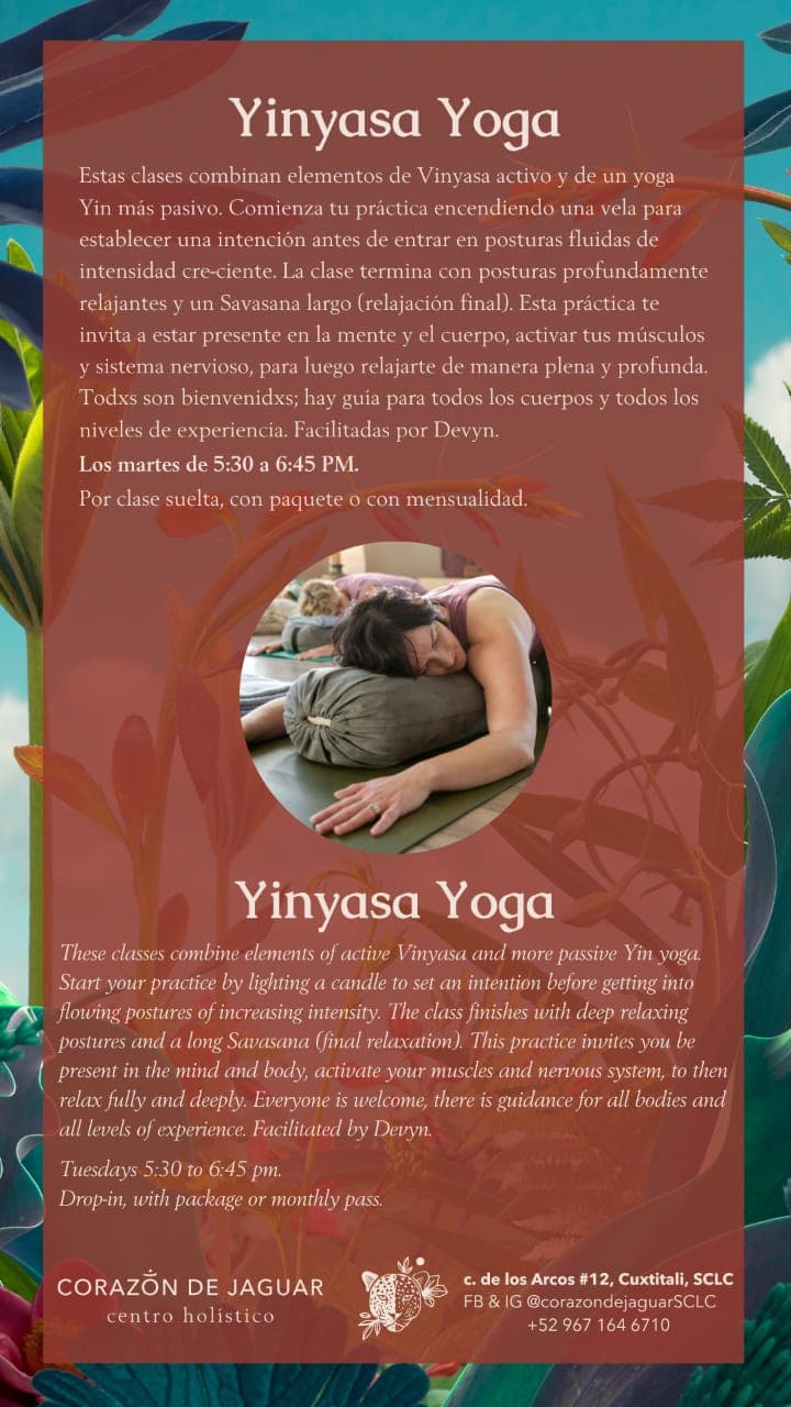A poster for Yinyasa Yoga with a large brown translucent overlay over a tropical background. The top shows the title Yinyasa Yoga in white serif font. There is a circular photo of a person resting on a bolster near the center, and a blocky,