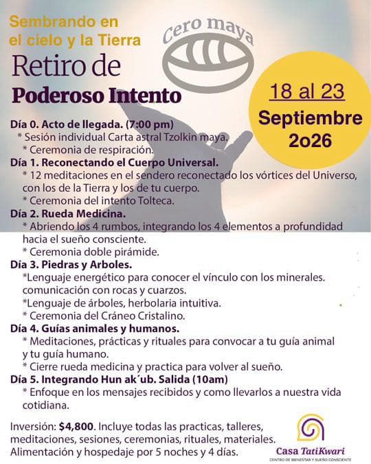A flyer in Spanish with yellow and purple text on a light gradient background. The heading reads 'Sembrando en el cielo y la Tierra Retiro de Poderoso Intento' and shows a circular yellow date badge with '18 al 23 Septiembre 2026'. There is