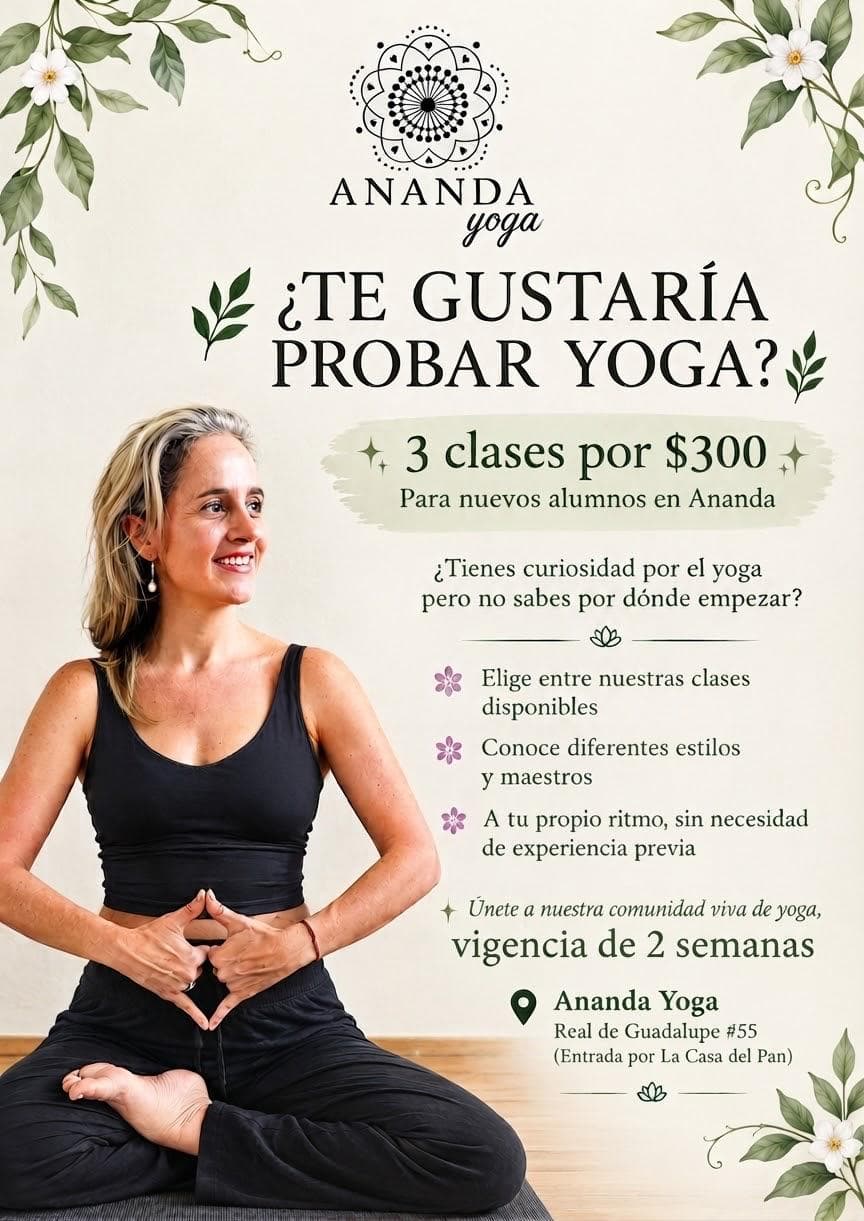 Cartel de Ananda Yoga con una mujer sentada en pose de yoga sobre un piso de madera, hojas decorativas verdes en las esquinas, título del evento en gran tamaño y detalles en inglés y español; ofrece tres clases,
