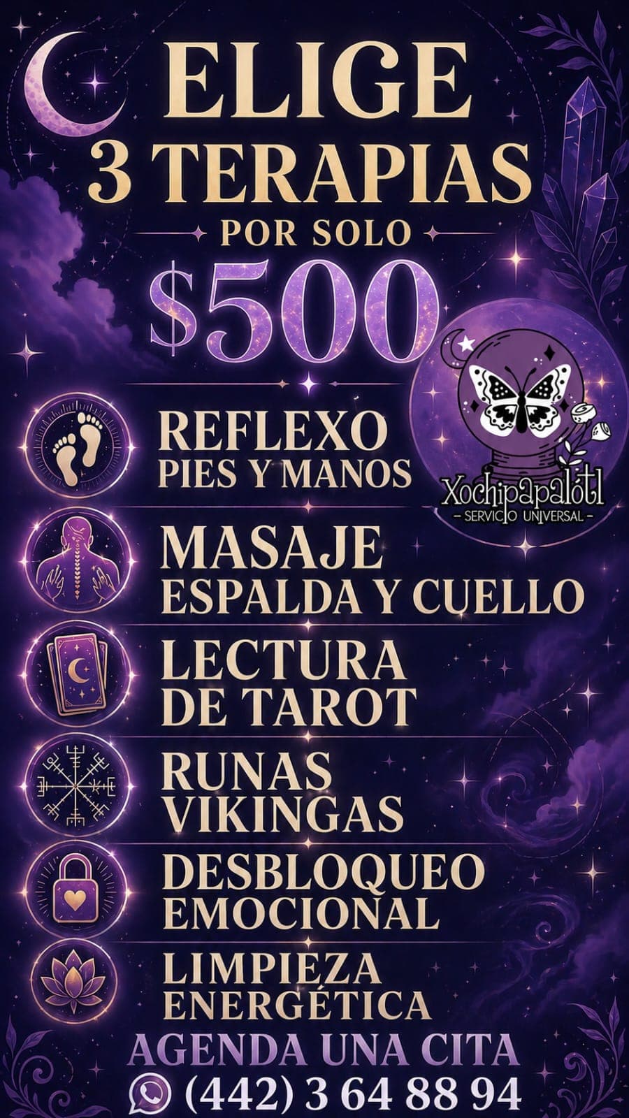 Poster-style flyer with purple and gold colors listing services and price: Reflexology, back and neck massage, Tarot reading, Viking runes, emotional unlock, cleansing, energy, and an appointment contact number; header reads ELIGE 3 TERAPÍ