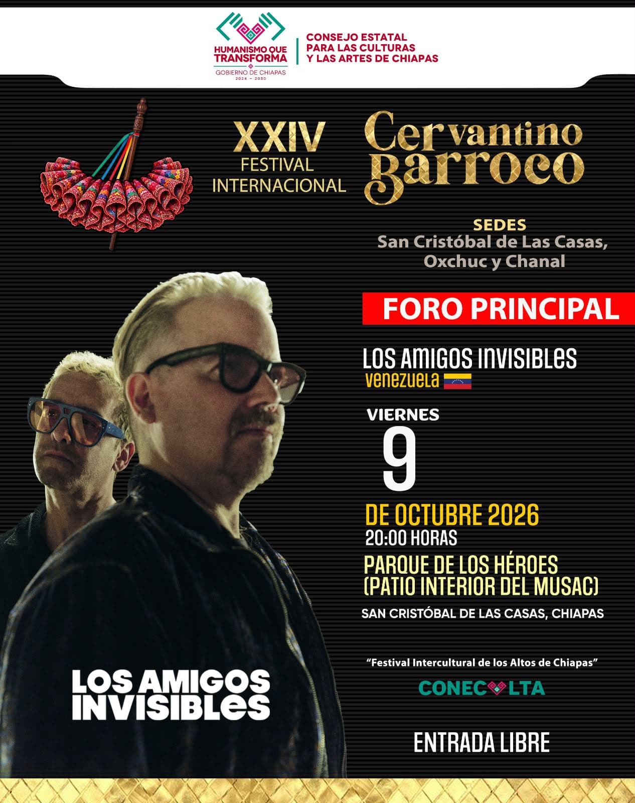 Official flyer: Los Amigos Invisibles at Cervantino Barroco 2026.