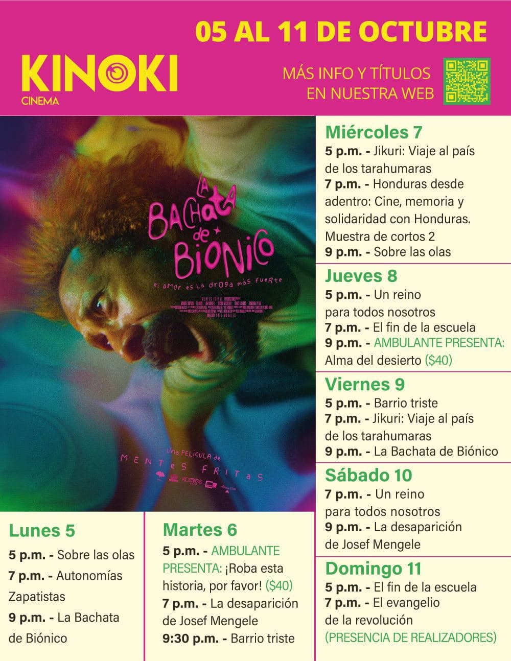 Cartel de Kinoki Cinema del 5 al 11 de octubre. En el lado izquierdo hay una imagen artística y colorida de una película; a la derecha se enumeran los horarios diarios en español con encabezados verdes para cada día