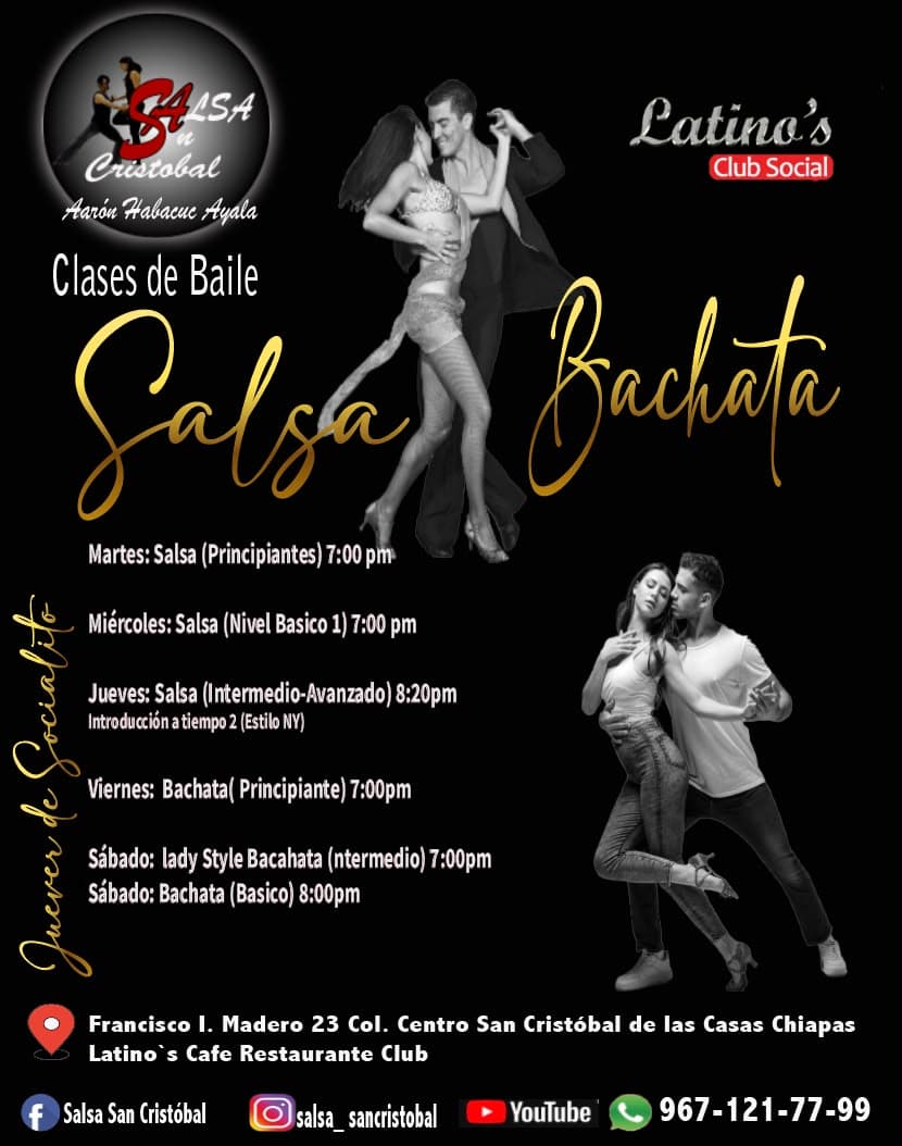 Flyer for Salsa and Bachata dance classes at Bar Latino’s. The image shows gold cursive text reading Salsa and Bachata on a black background with dancers in the center. A logo circle in the top left, and a Latino’s Club Social logo in the 3
