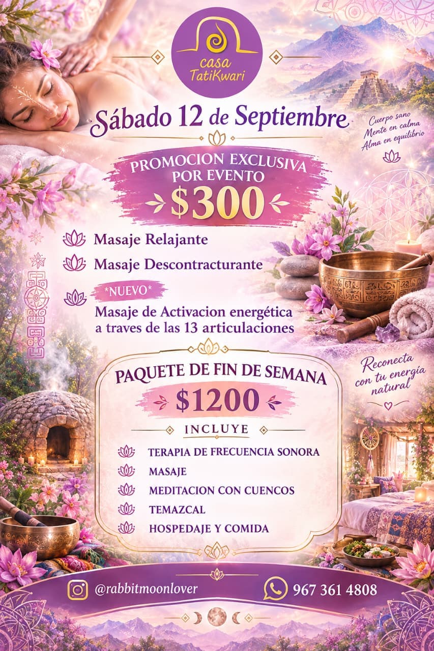 Relaxing massage and weekend wellness promotion poster with purple theme and spa imagery, text in Spanish listing prices and services.