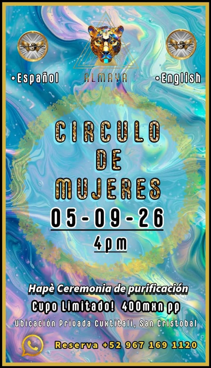 Poster showing a swirling blue and turquoise background with a central geometric frame and a leopard head motif; two circular badges near the top corners and bilingual headings Español and English on either side. The large text reads CIRCLU