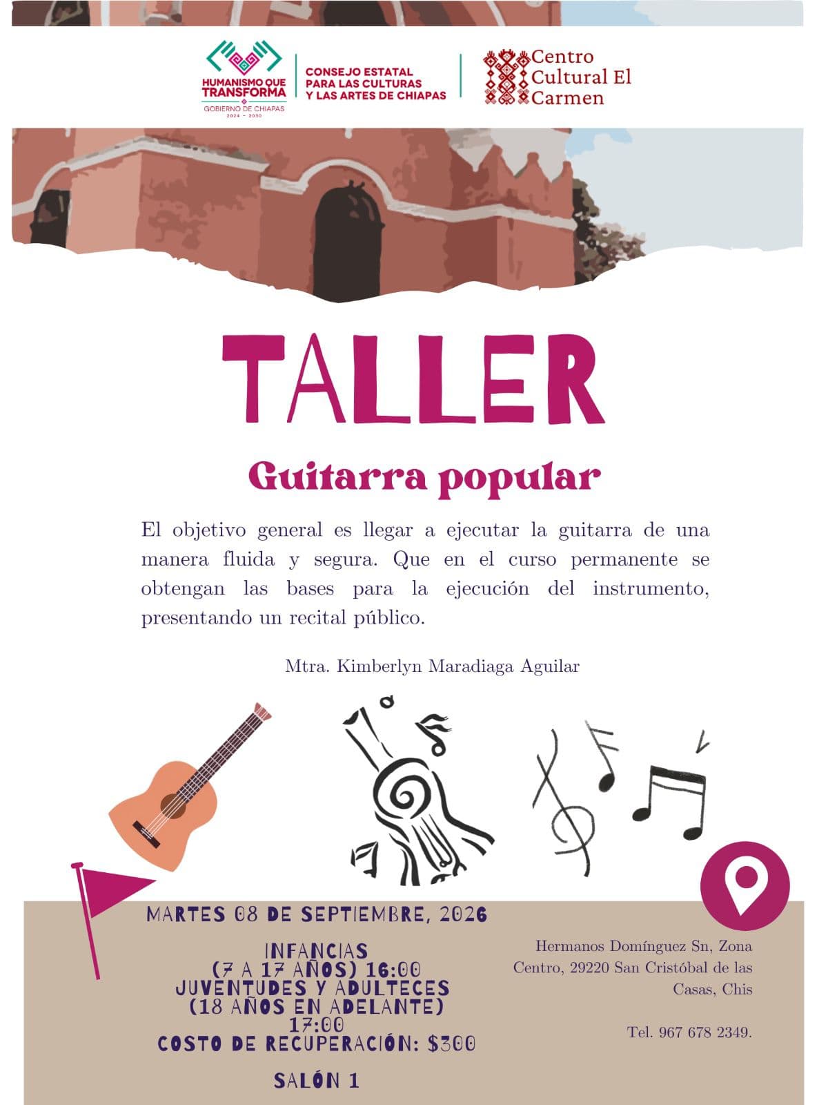 Poster for a guitar workshop titled Taller Guitarra Popular at Centro Cultural El Carmen. The top shows a stylized illustration, followed by the bold magenta title 'TALLER' and subtitle 'Guitarra popular'. There is descriptive Spanish text,