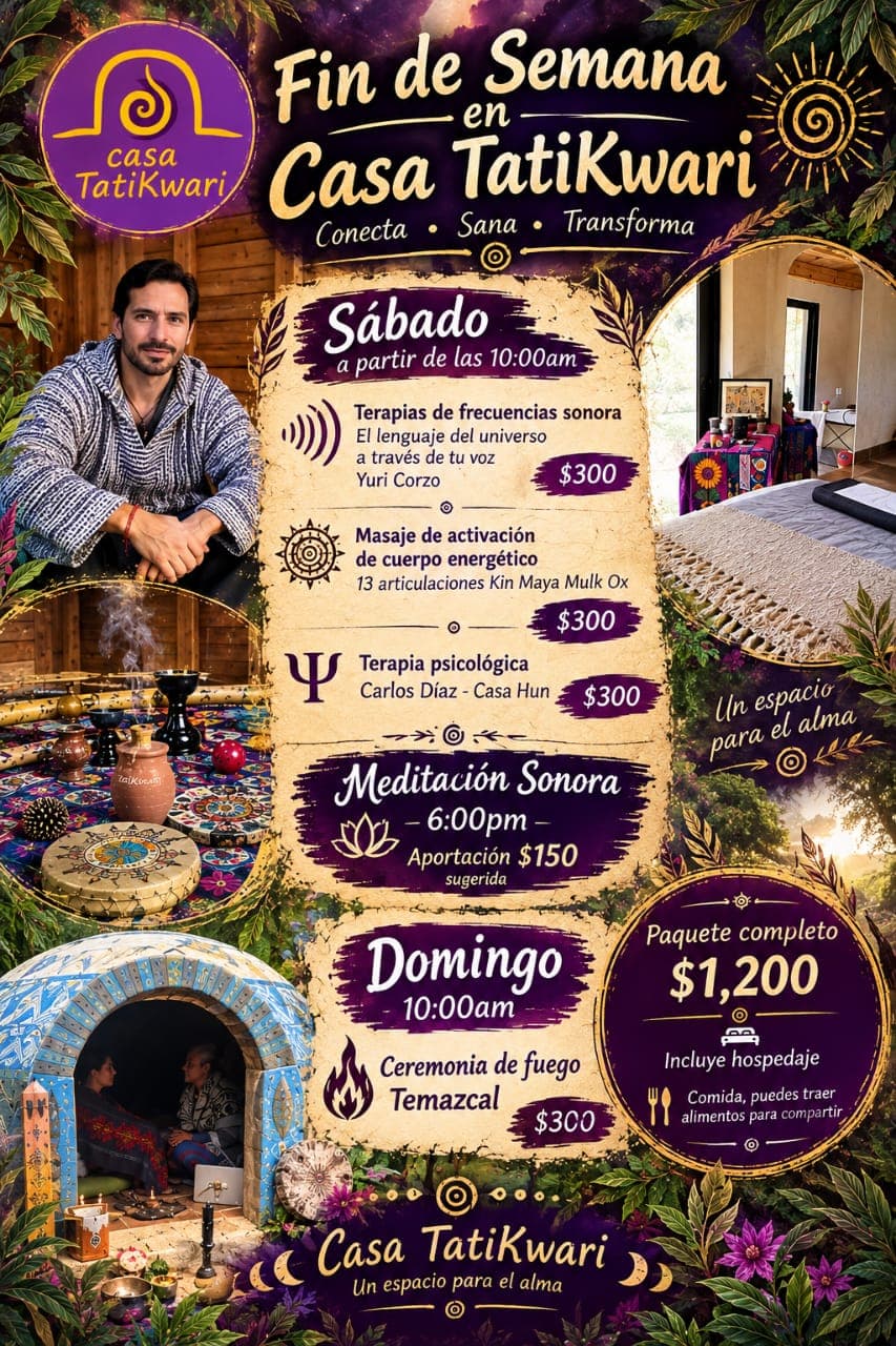 Poster for Fin de Semana en Casa TatiKwari featuring a purple and gold design with a person seated by a colorful altar, a circular blue-tiled oven, and a central beige panel listing event activities and prices in Spanish; includes Casa Tati