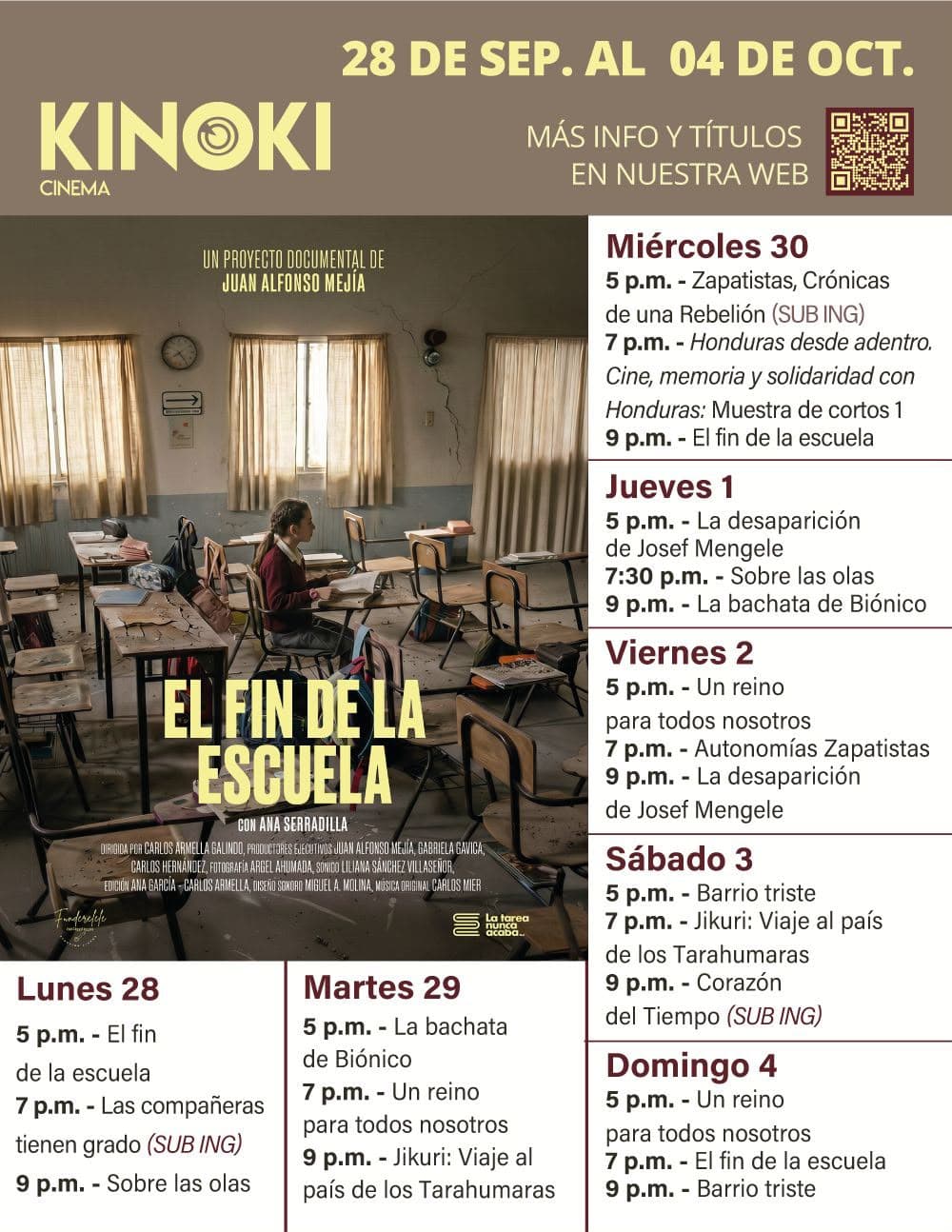Poster image for Kinoki Cinema, showing a classroom with desks and a student, title El Fin de la Escuela overlaid, and schedule grid on the right listing events for Monday to Sunday.