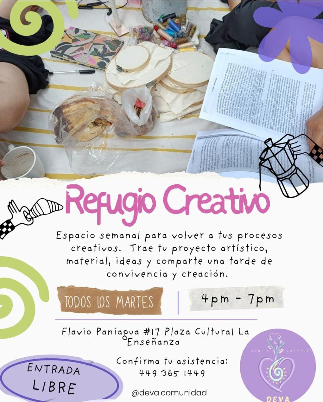 A photo-style flyer showing a craft area with paper, embroidery hoops, and notebooks on a striped surface; decorative drawings frame the bottom portion. The lower portion contains the event title in pink handwriting style, a description of