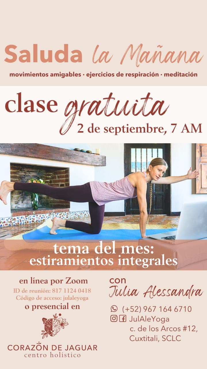 Flyer for a free yoga class featuring a woman in a kneeling pose on a mat in a cozy home setting. Large decorative text at the top includes Spanish phrases and the event name, with a photo of a person using a laptop on the floor. The bottom