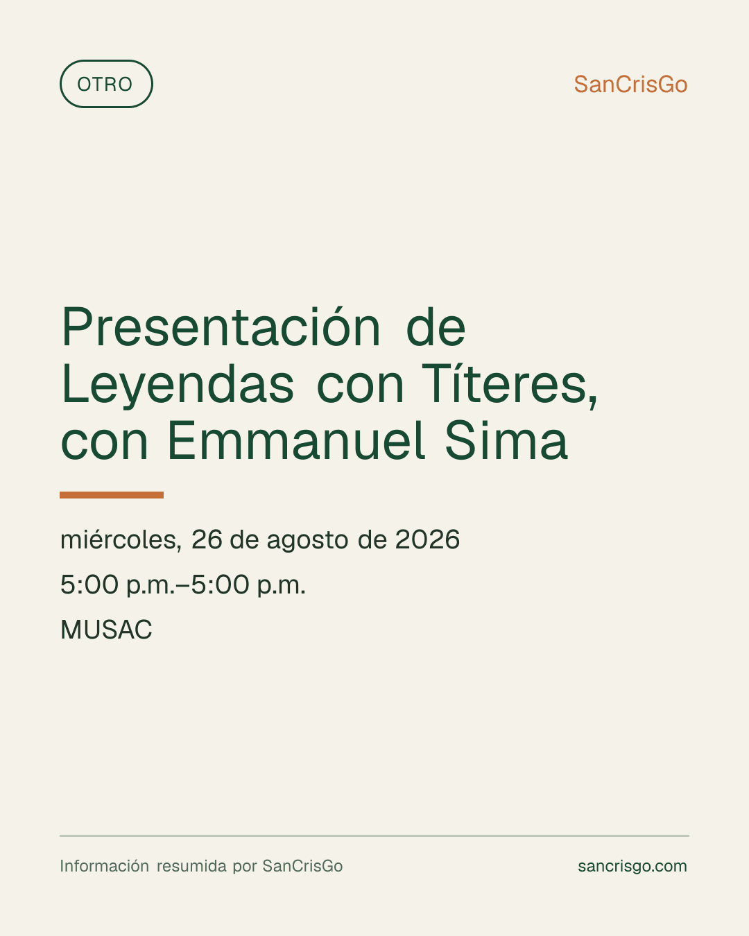 Material visual del evento Presentación de Leyendas con Títeres, con Emmanuel Sima.