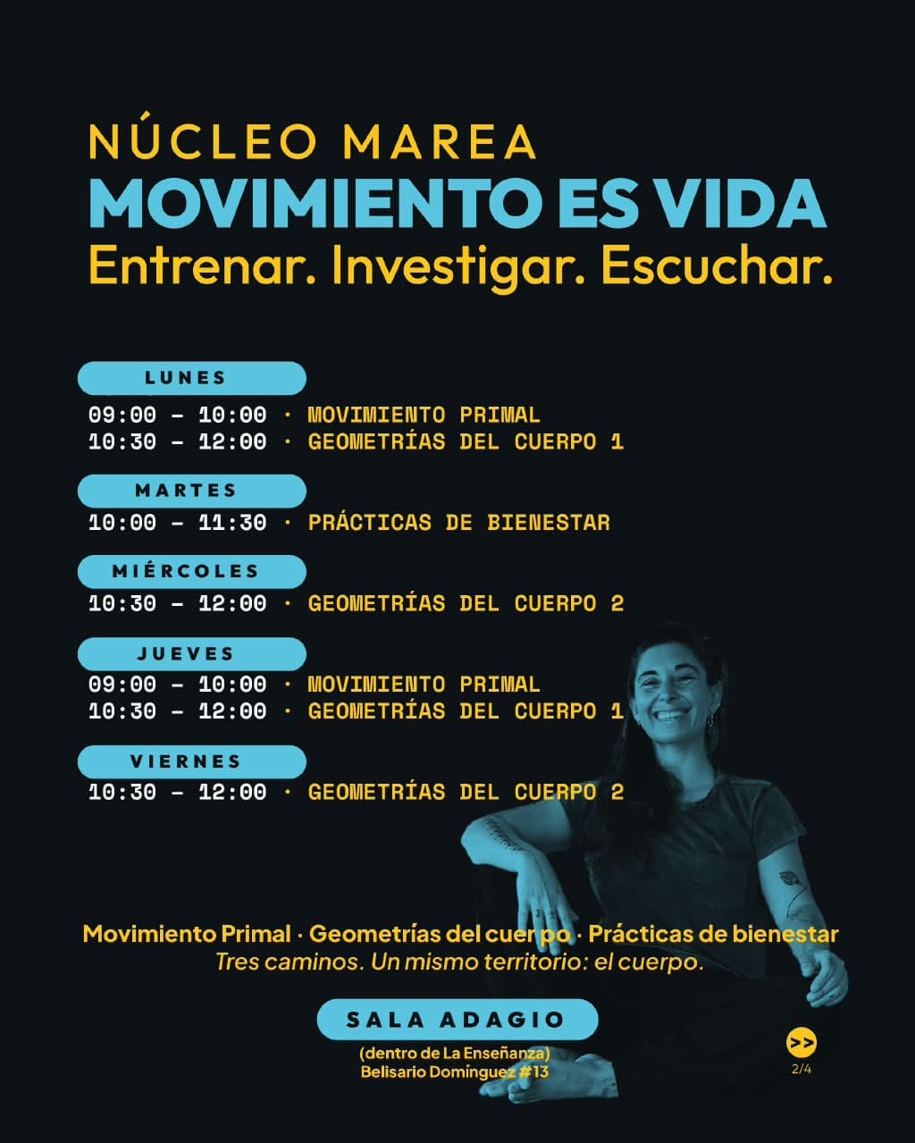 Poster for Núcleo Marea wellness with schedule in Spanish. Yellow and blue text on dark background; days of the week listed with time ranges and class names; a photo of a smiling person on the right side; rounded blue labels for days (LUNES