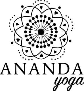 Circular black mandala design with layered dotted rings surrounding a central dark dot. The word ANANDA appears in large capital letters, followed by the word yoga in a cursive script.