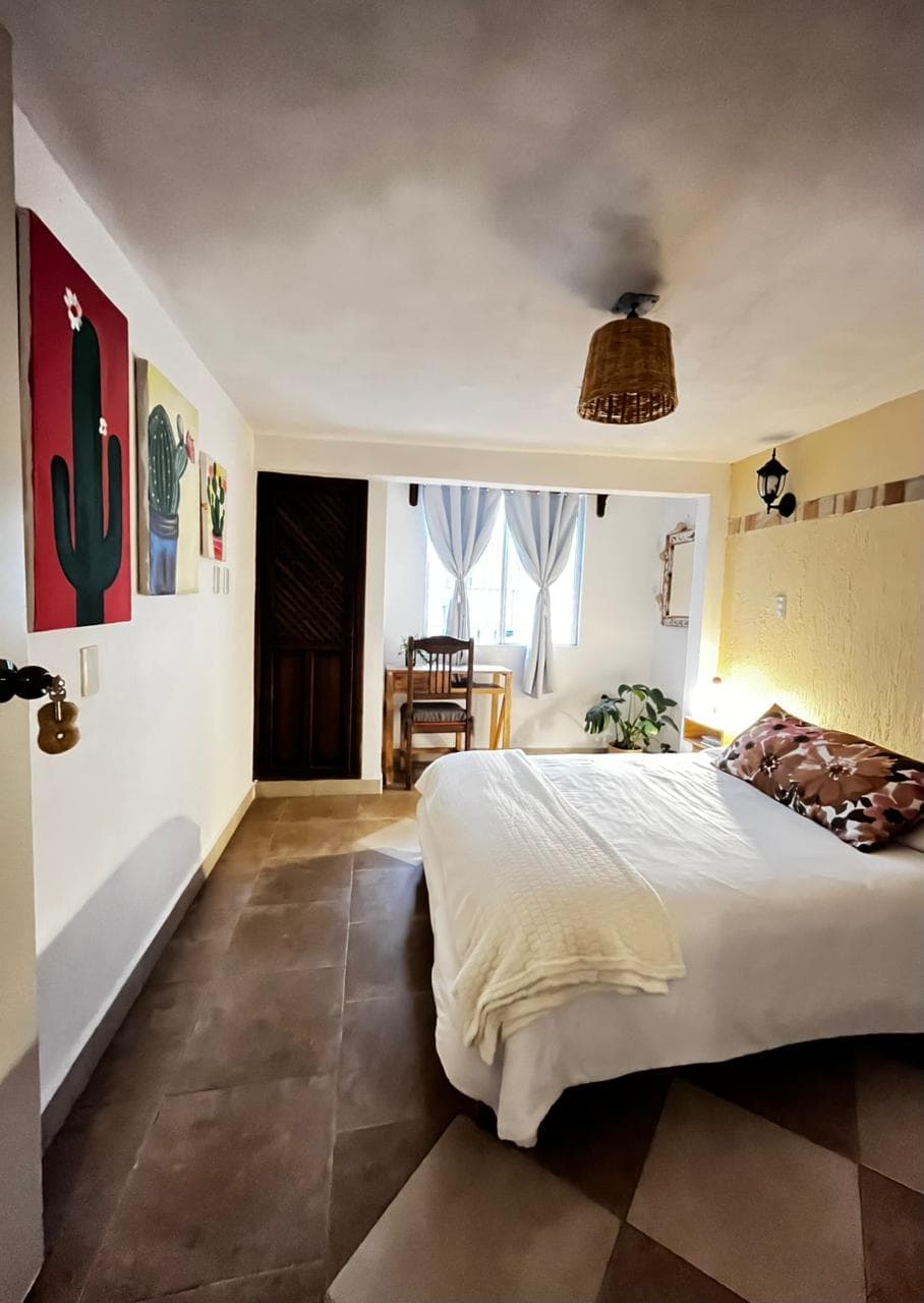 Private room interior at La Casita de Arte with a bed, work table, plants and artwork.